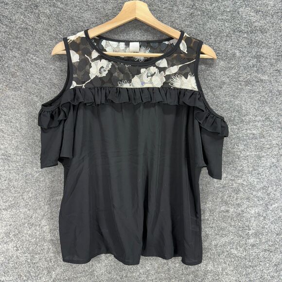 Route 3 Blouse Women L Large Black Floral Cold Shoulder Short Sleeve Wide Strap - Picture 1 of 6
